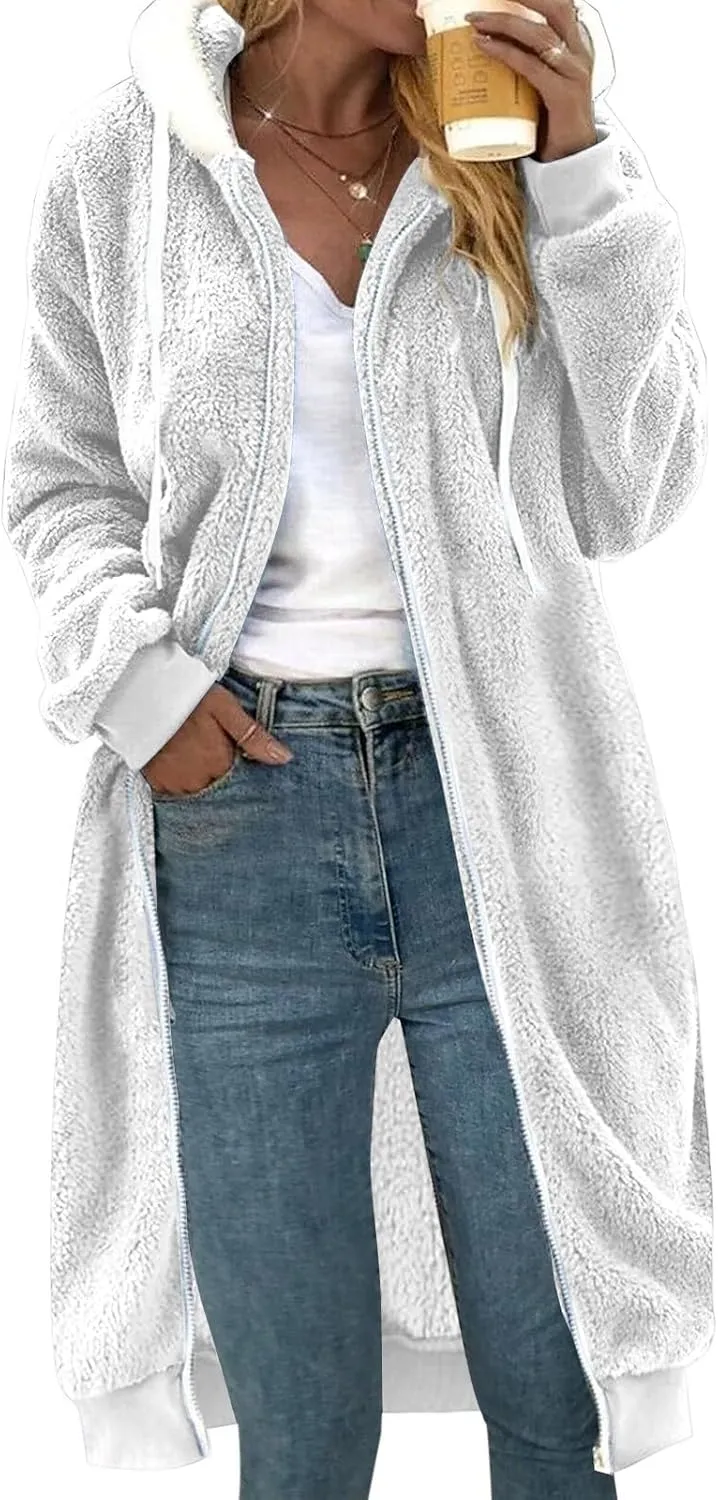 Women's Fuzzy Cardigan Jacket Winter Warm Flannel Fleece Baggy Trendy Hoodies Lightweight Long Length Casual Outwears