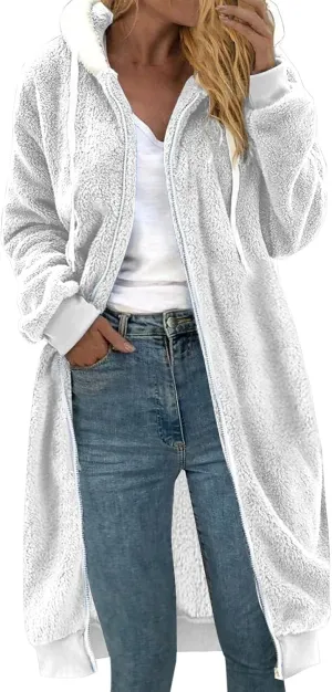 Women's Fuzzy Cardigan Jacket Winter Warm Flannel Fleece Baggy Trendy Hoodies Lightweight Long Length Casual Outwears