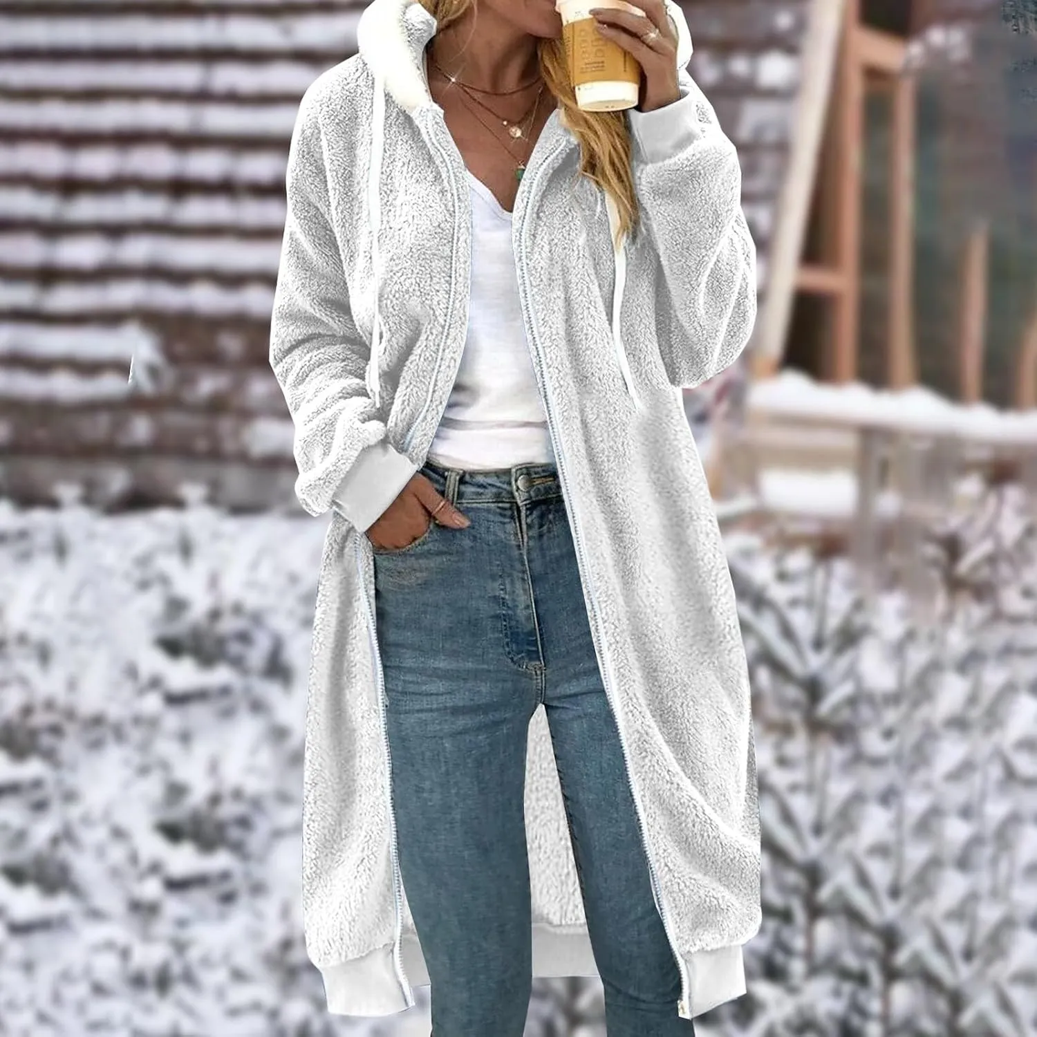 Women's Fuzzy Cardigan Jacket Winter Warm Flannel Fleece Baggy Trendy Hoodies Lightweight Long Length Casual Outwears