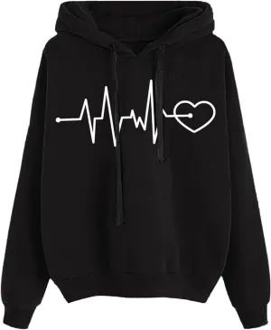 Women's Graphic Letter Heart Print Long Sleeve Hoodie Sweatshirt with Pocket Loose Oversized Drawstring Pullover