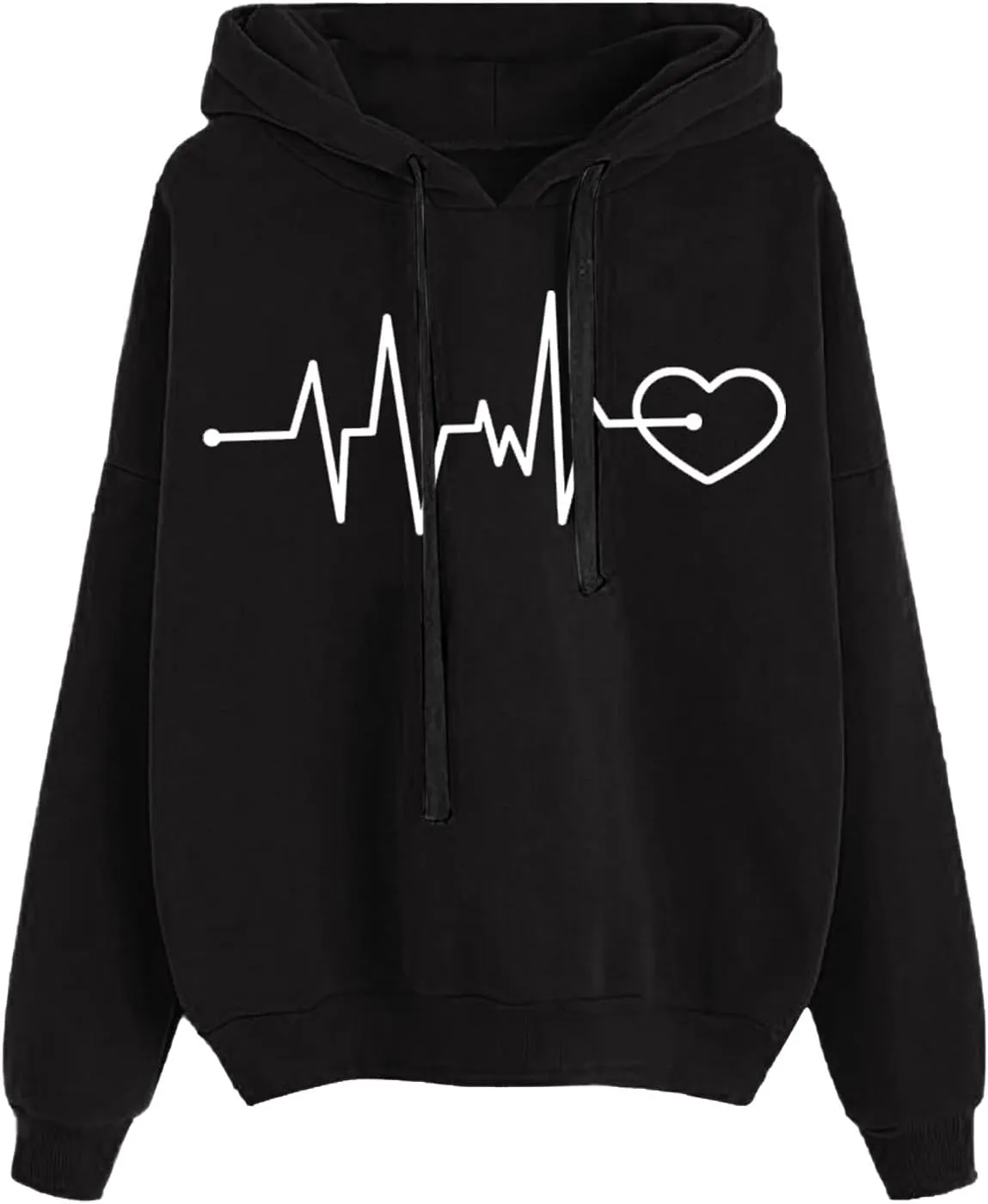 Women's Graphic Letter Heart Print Long Sleeve Hoodie Sweatshirt with Pocket Loose Oversized Drawstring Pullover