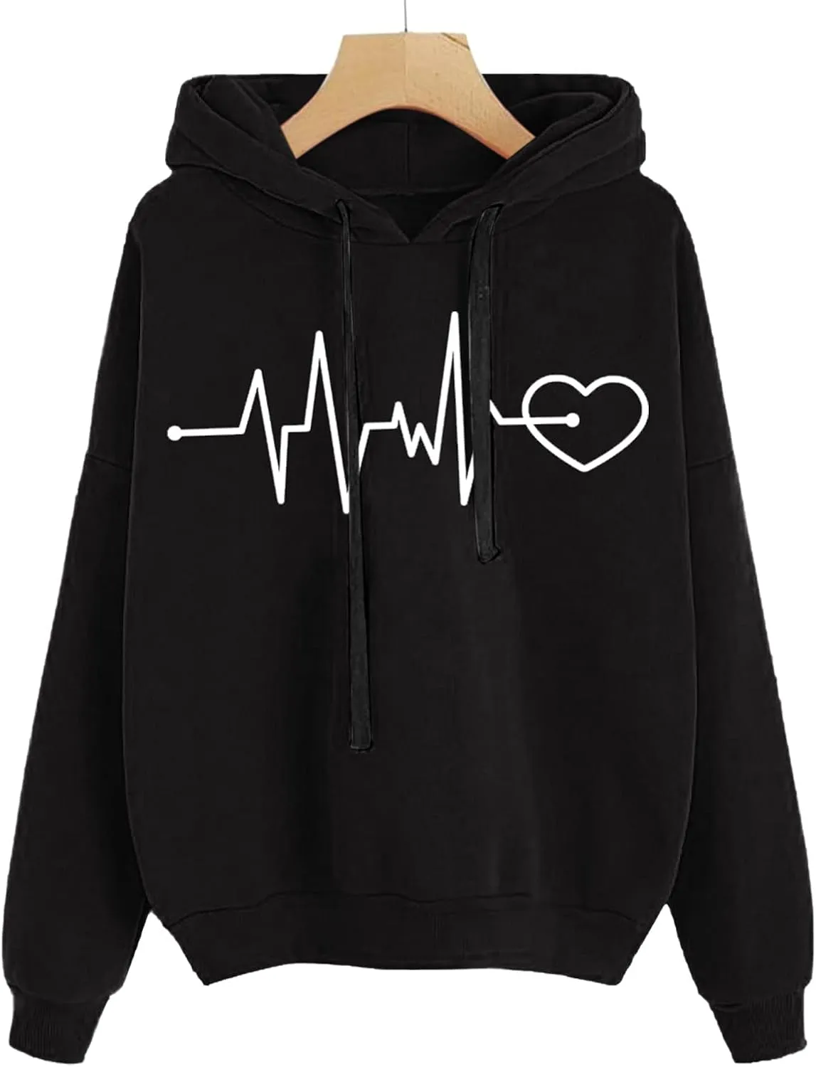Women's Graphic Letter Heart Print Long Sleeve Hoodie Sweatshirt with Pocket Loose Oversized Drawstring Pullover