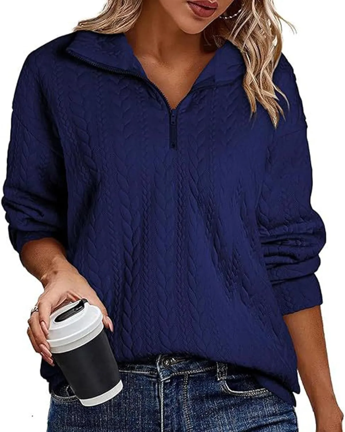 Womens Half Zip Polo Sweatshirt 2024 Fall Fashion Loose Oversized Pullover Tops Casual Solid Color Long Sleeve Shirts