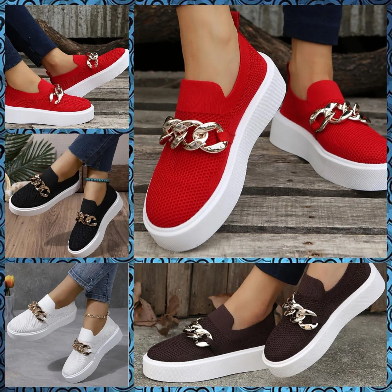 Women's Platform Slip-On Sneakers – Fashion Breathable Mesh Walking Shoes with Metal Chain, Lightweight Wedge Loafers for Nurses, Standing All Day, Orthopedic Casual Work Shoes