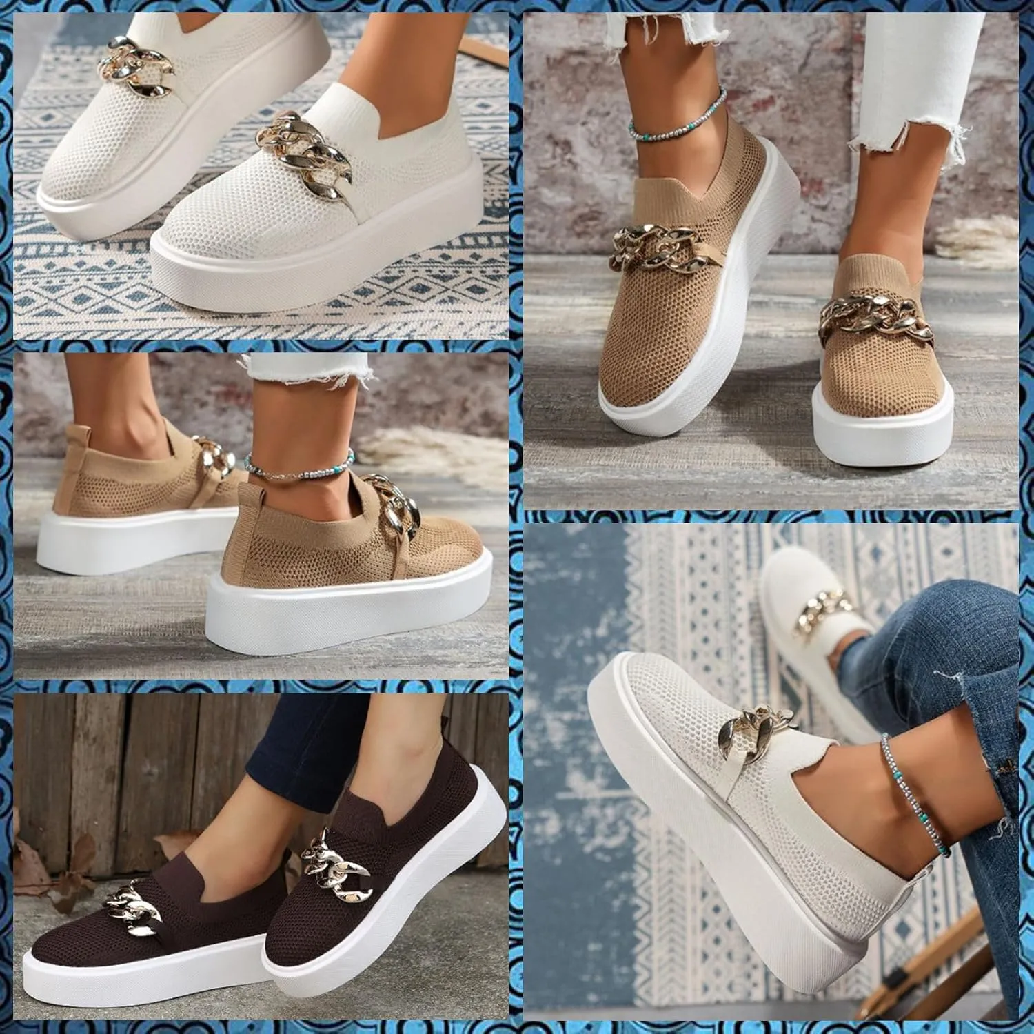 Women's Platform Slip-On Sneakers – Fashion Breathable Mesh Walking Shoes with Metal Chain, Lightweight Wedge Loafers for Nurses, Standing All Day, Orthopedic Casual Work Shoes