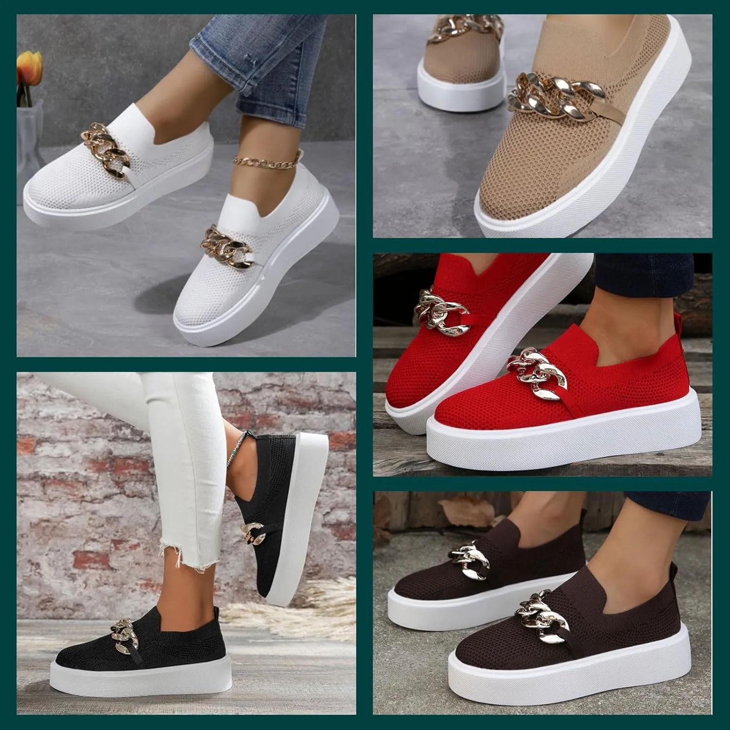 Women's Platform Slip-On Sneakers – Fashion Breathable Mesh Walking Shoes with Metal Chain, Lightweight Wedge Loafers for Nurses, Standing All Day, Orthopedic Casual Work Shoes