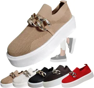 Women's Platform Slip-On Sneakers – Fashion Breathable Mesh Walking Shoes with Metal Chain, Lightweight Wedge Loafers for Nurses, Standing All Day, Orthopedic Casual Work Shoes