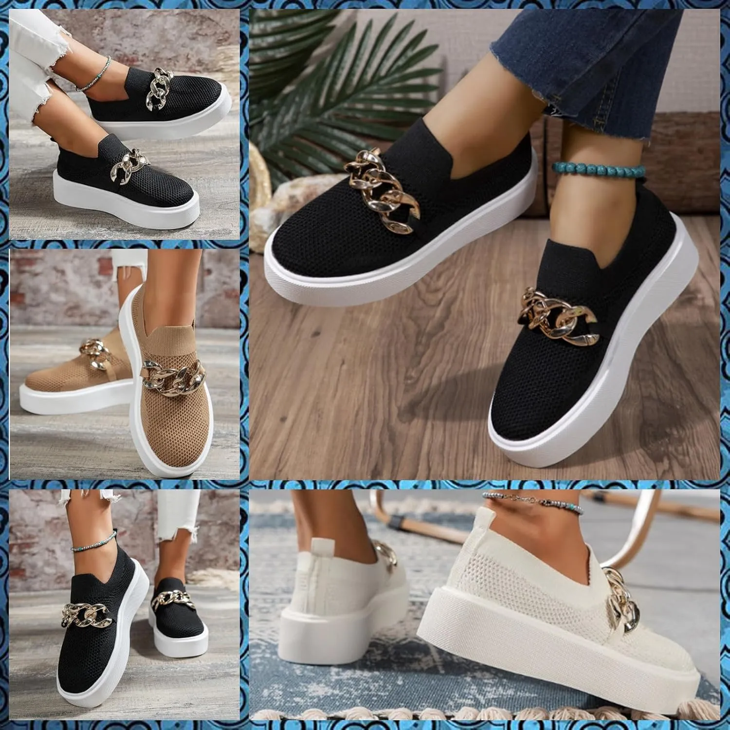 Women's Platform Slip-On Sneakers – Fashion Breathable Mesh Walking Shoes with Metal Chain, Lightweight Wedge Loafers for Nurses, Standing All Day, Orthopedic Casual Work Shoes