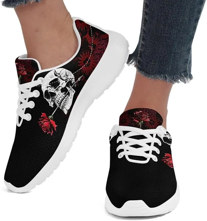 Women's Running Shoes with Unique Skull Rose Print, Non Slip Athletic Gym Training Walking Sneakers for Men