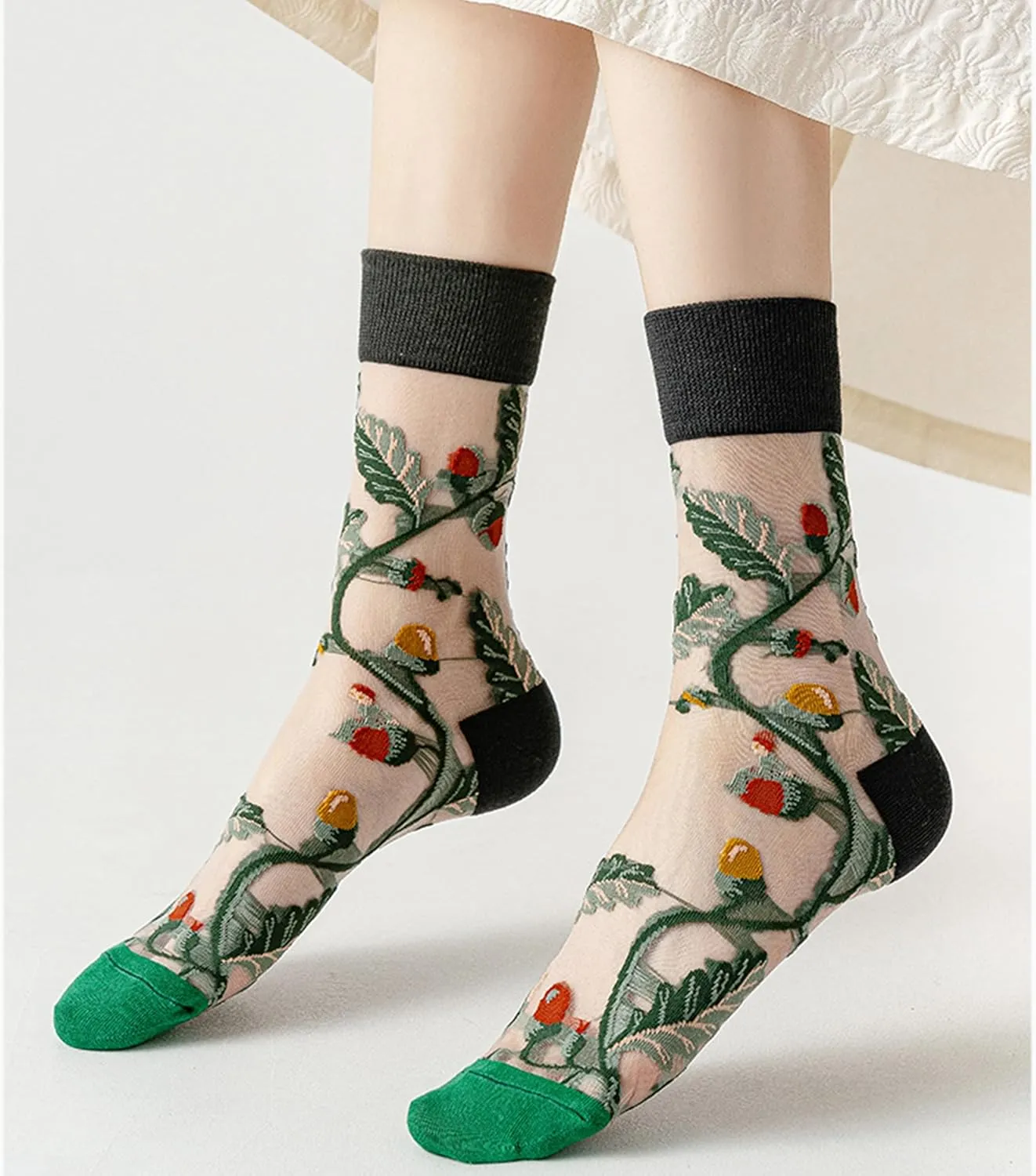 Womens Sheer Socks, Summer Transparent Thin Vintage Flower/Polka Dot Mesh Lace Elastic Jacquard Crystal Glass Socks