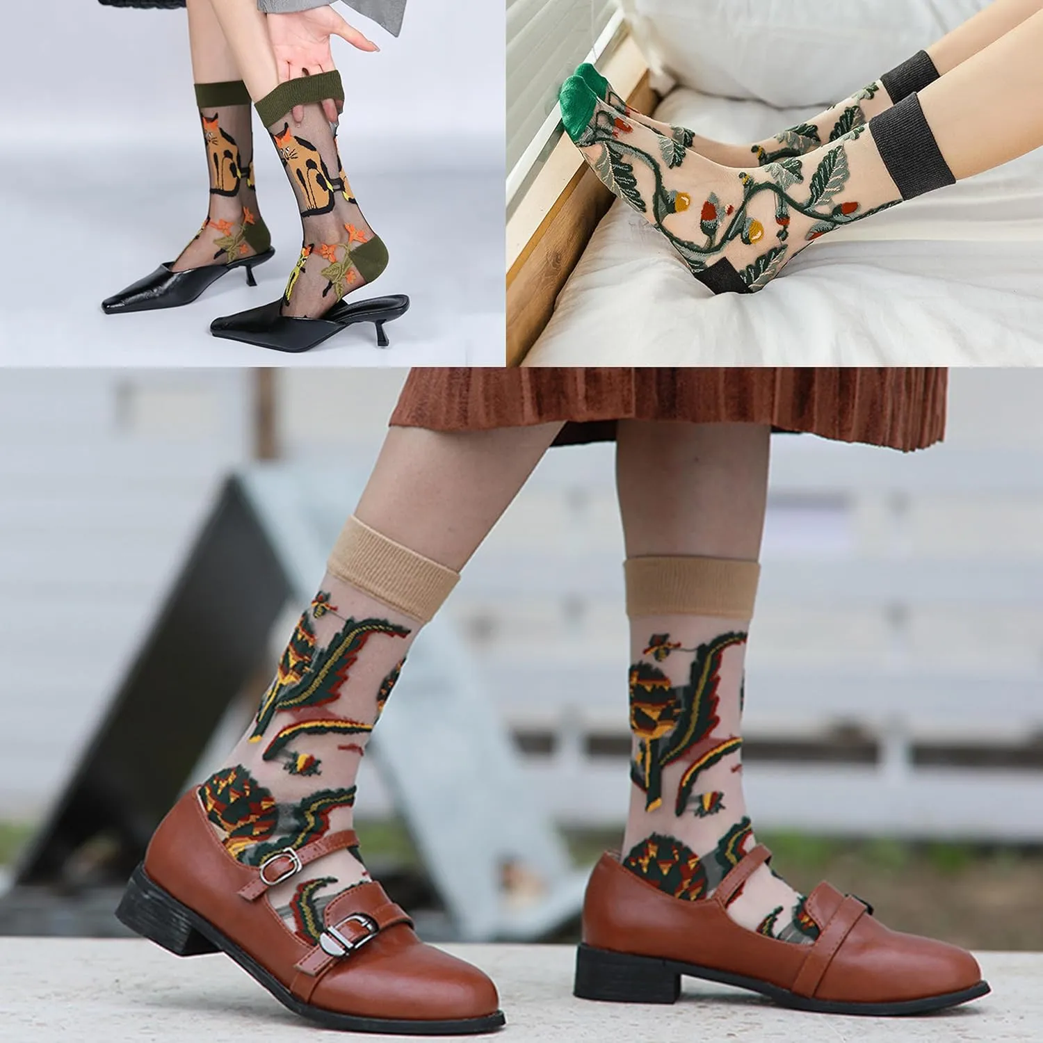 Womens Sheer Socks, Summer Transparent Thin Vintage Flower/Polka Dot Mesh Lace Elastic Jacquard Crystal Glass Socks
