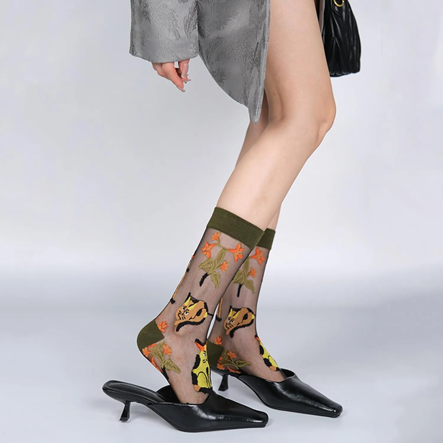 Womens Sheer Socks, Summer Transparent Thin Vintage Flower/Polka Dot Mesh Lace Elastic Jacquard Crystal Glass Socks
