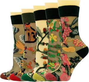 Womens Sheer Socks, Summer Transparent Thin Vintage Flower/Polka Dot Mesh Lace Elastic Jacquard Crystal Glass Socks