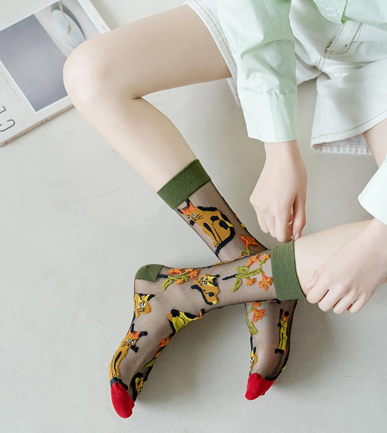 Womens Sheer Socks, Summer Transparent Thin Vintage Flower/Polka Dot Mesh Lace Elastic Jacquard Crystal Glass Socks