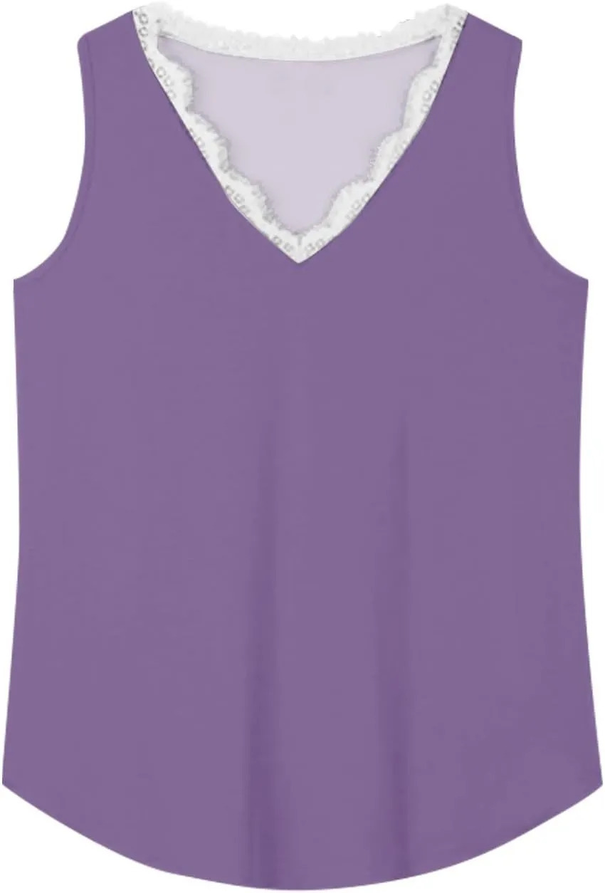 Womens Summer Tank Tops Loose Fit Lace V Neck Sleeveless Tunic Tops Dressy Casual Flowy Shirts