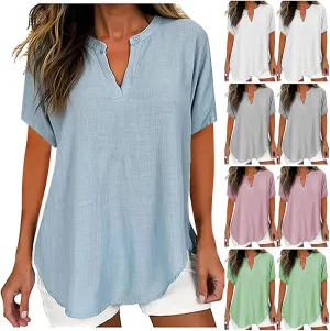 Womens Summer Tops Cotton Linen T-Shirts Casual Loose Fit V-Neck Henley Tops Short Sleeve Blouse Holiday Cmofy Shirts