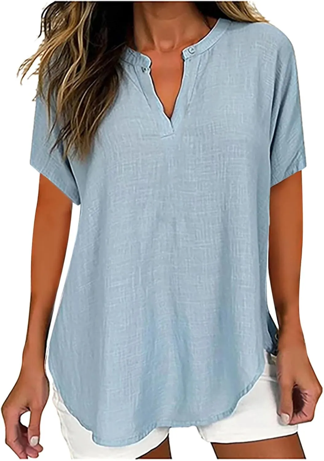 Womens Summer Tops Cotton Linen T-Shirts Casual Loose Fit V-Neck Henley Tops Short Sleeve Blouse Holiday Cmofy Shirts