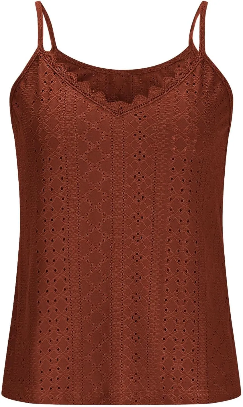 Womens Tank Tops Loose Fit V Neck Casual Lightweight Summer Tops Summer Beach Vacation Shirts Trendy Eyelet Lace Tee