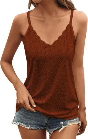 Womens Tank Tops Loose Fit V Neck Casual Lightweight Summer Tops Summer Beach Vacation Shirts Trendy Eyelet Lace Tee
