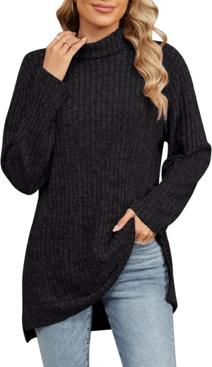 Women's Tunic Tops Fall Winter Oversized Jumper Long Sleeve Turtleneck Ribbed Knit Sweater Pullover Top
