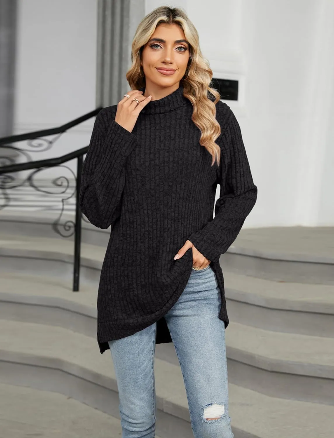 Women's Tunic Tops Fall Winter Oversized Jumper Long Sleeve Turtleneck Ribbed Knit Sweater Pullover Top