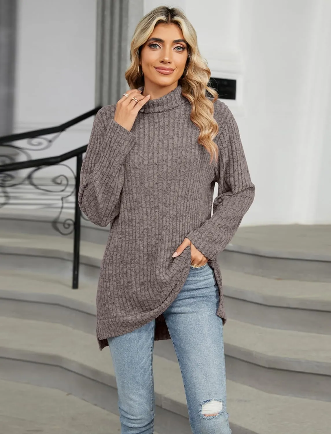Women's Tunic Tops Fall Winter Oversized Jumper Long Sleeve Turtleneck Ribbed Knit Sweater Pullover Top