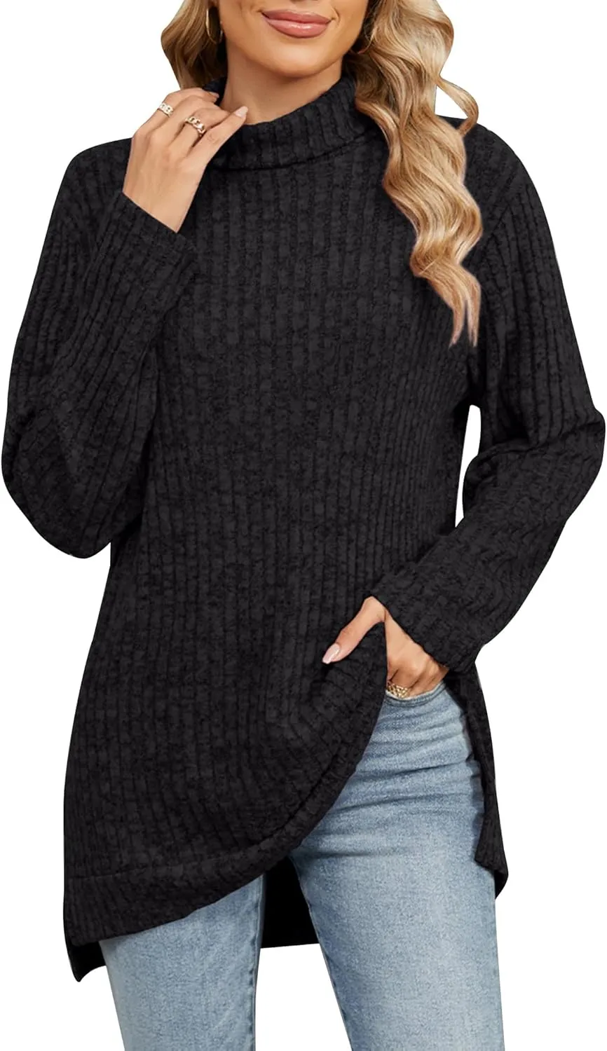 Women's Tunic Tops Fall Winter Oversized Jumper Long Sleeve Turtleneck Ribbed Knit Sweater Pullover Top