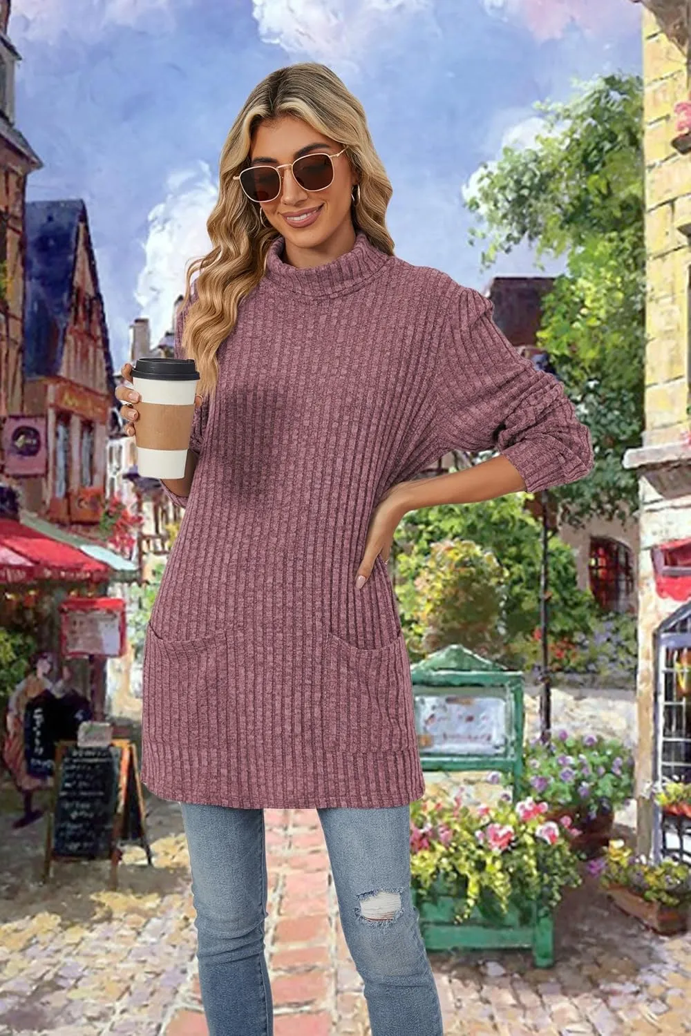Womens Turtleneck Long Sleeve Sweater Lightweight Soft Pullover Tops Casual Tunic Shirts