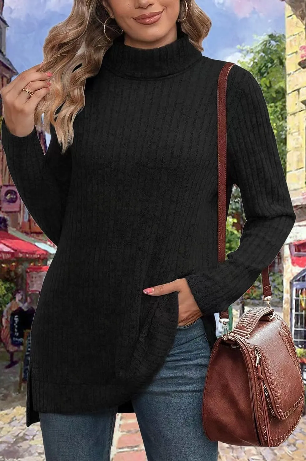 Womens Turtleneck Long Sleeve Sweater Lightweight Soft Pullover Tops Casual Tunic Shirts