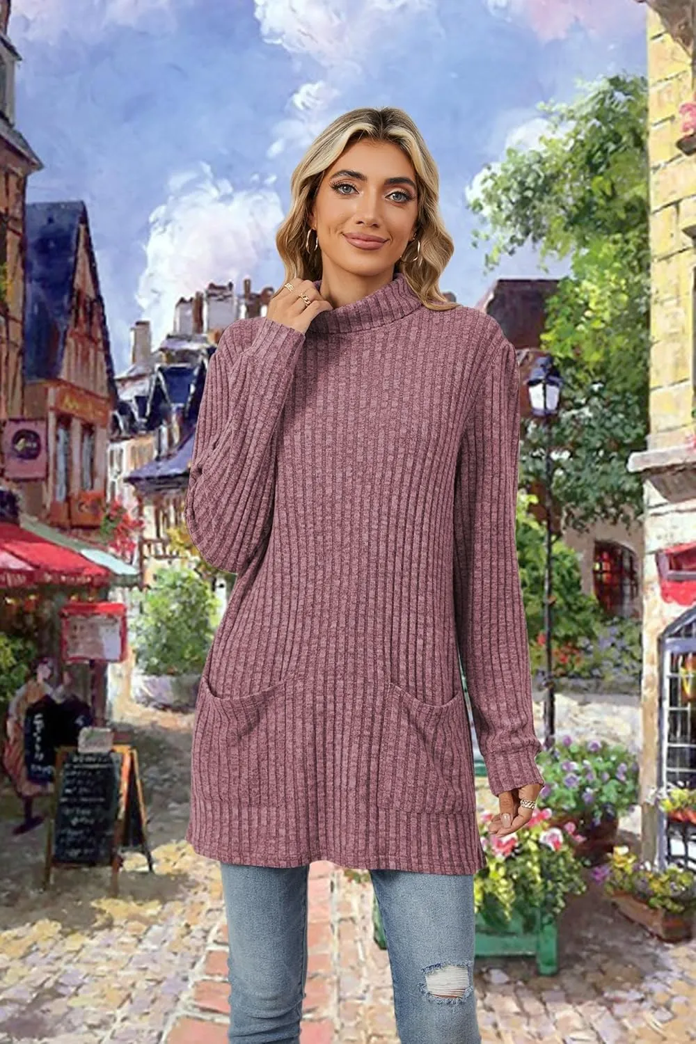 Womens Turtleneck Long Sleeve Sweater Lightweight Soft Pullover Tops Casual Tunic Shirts