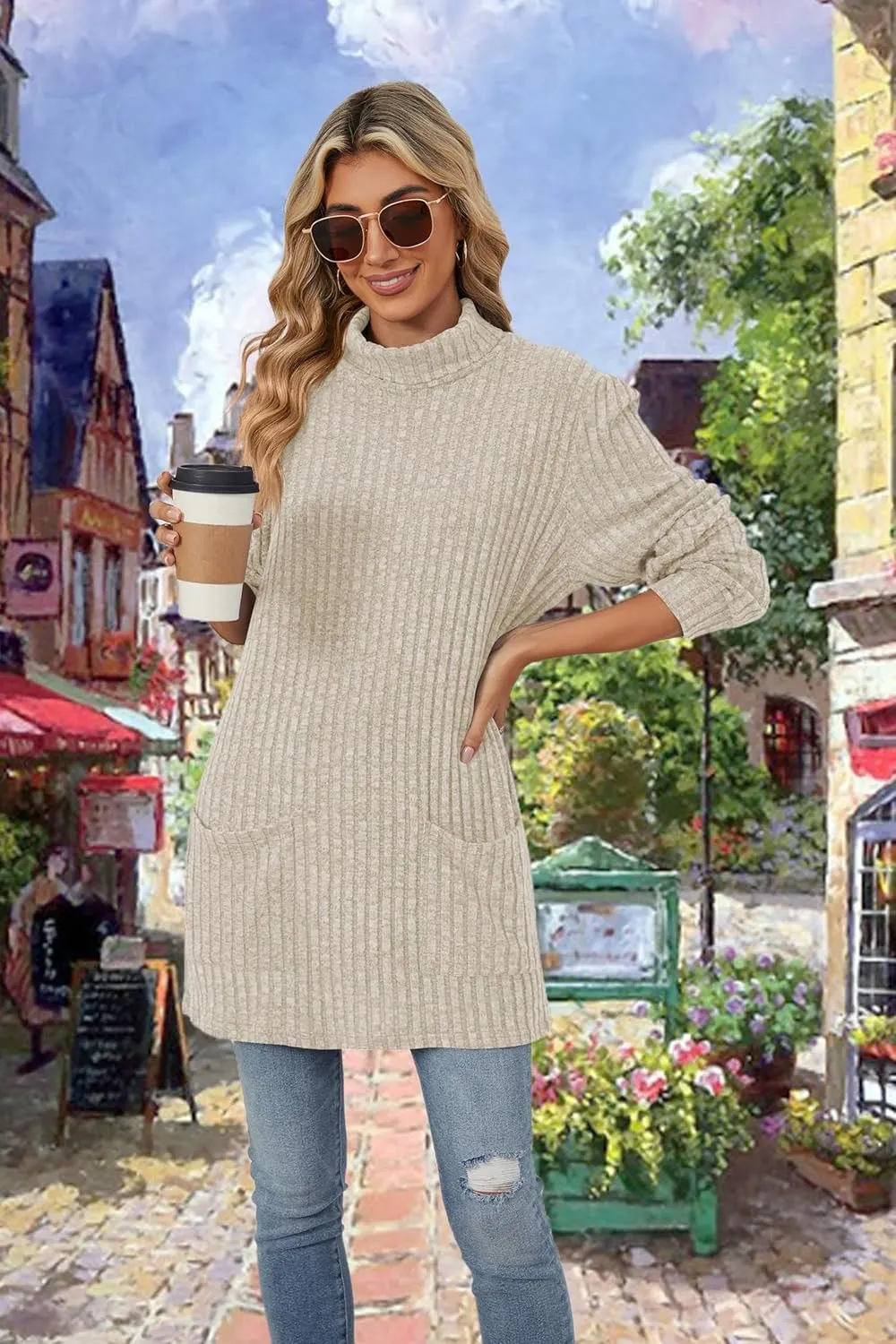Womens Turtleneck Long Sleeve Sweater Lightweight Soft Pullover Tops Casual Tunic Shirts