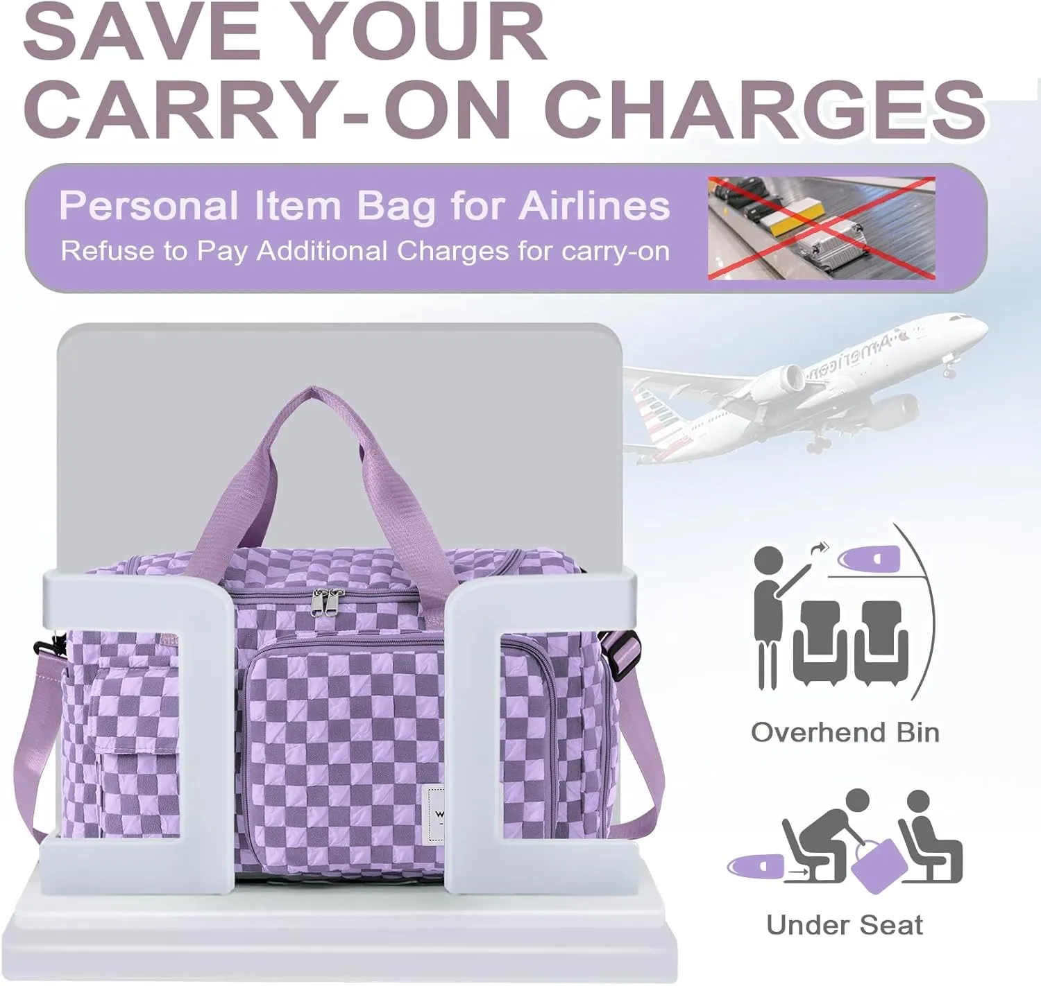 WOOMADA Foldable Travel Duffel Bag with Shoes Compartment, Overnight Bag with Wet Pocket, Weekender Carry On with cosmetic bag for Women(purple checkerboard)