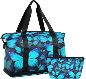 xigua Gym Bag Blue Butterflies Travel Duffel Bag - Sports Gym Bag with Dry Wet Pocket Cosmetic bag & Shoes Compartment for Women and Men