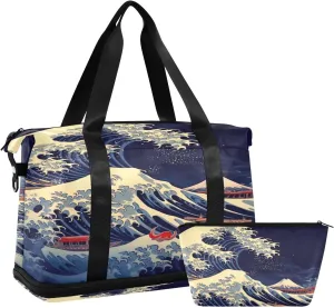 xigua Gym Bag Blue Wave Travel Duffel Bag - Sports Gym Bag with Dry Wet Pocket Cosmetic bag & Shoes Compartment for Women and Men