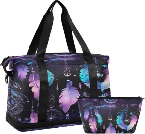 xigua Gym Bag Purple Feathers Travel Duffel Bag - Sports Gym Bag with Dry Wet Pocket Cosmetic bag & Shoes Compartment for Women and Men