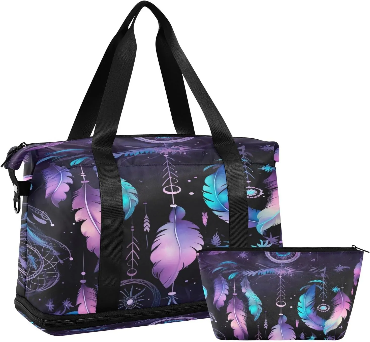 xigua Gym Bag Purple Feathers Travel Duffel Bag - Sports Gym Bag with Dry Wet Pocket Cosmetic bag & Shoes Compartment for Women and Men