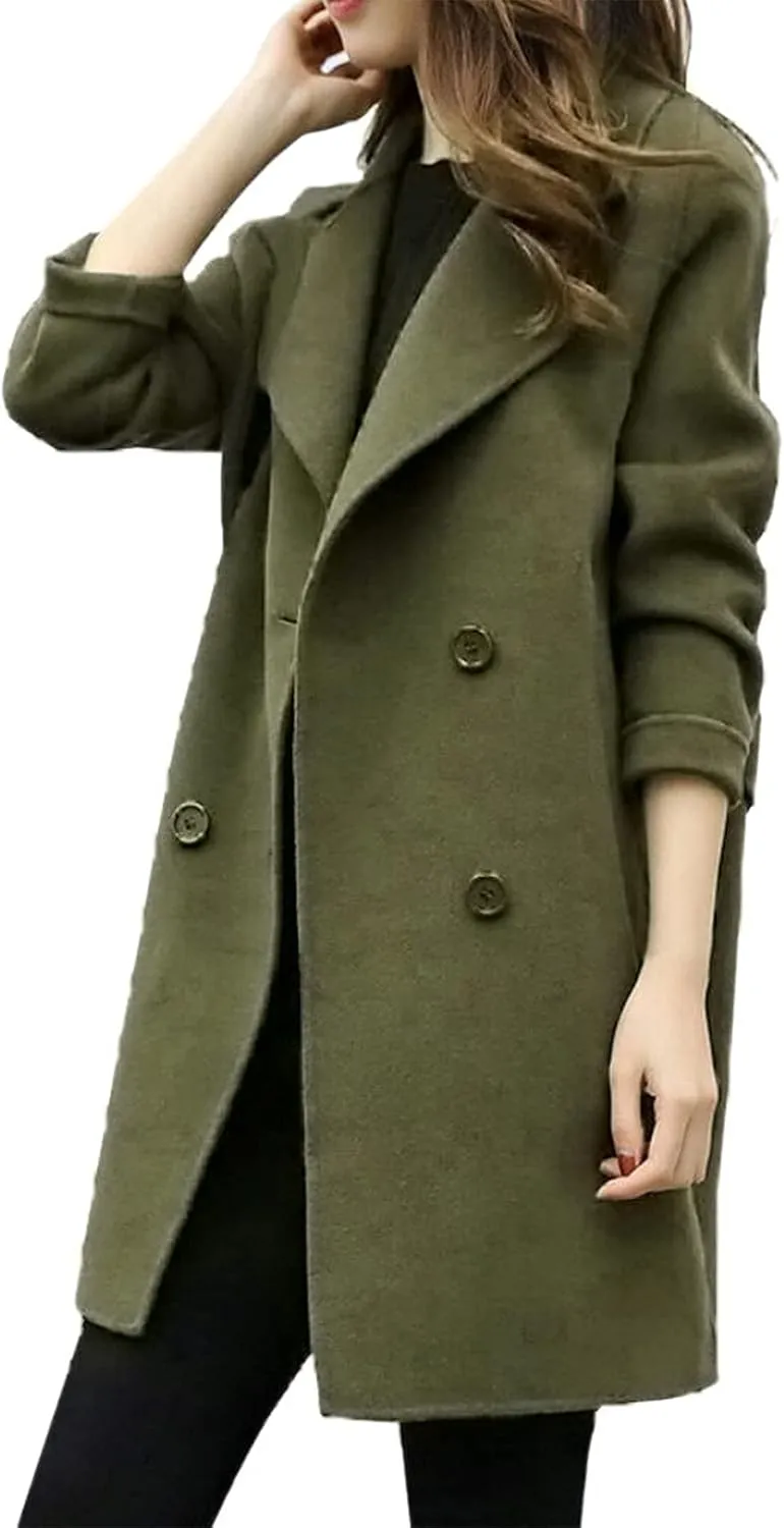 XUNRYAN Women's Winter Trench Coats Wool-Blend Blazer Jackets Fall Casual Double-Breasted Notch Lapel Peacoat