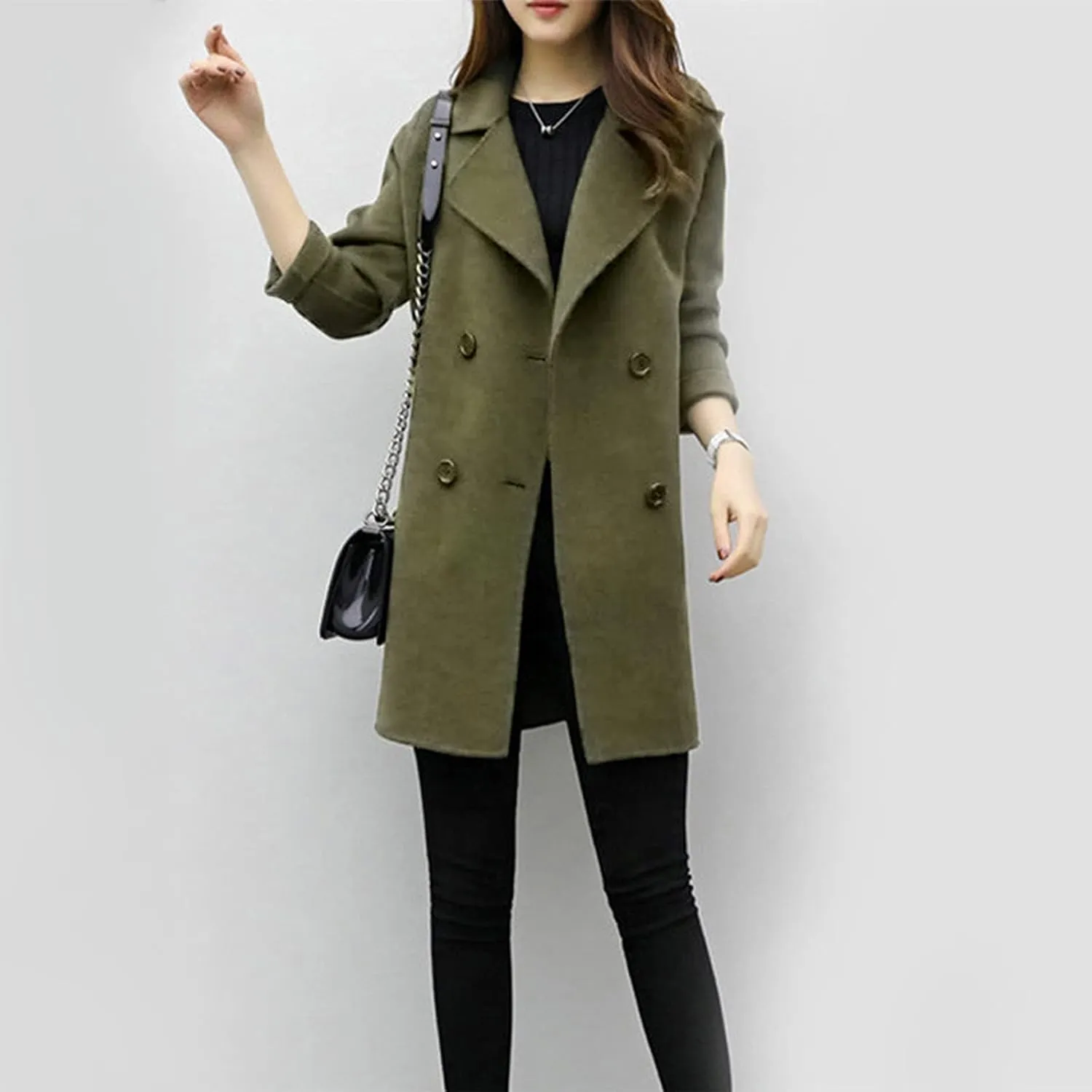 XUNRYAN Women's Winter Trench Coats Wool-Blend Blazer Jackets Fall Casual Double-Breasted Notch Lapel Peacoat