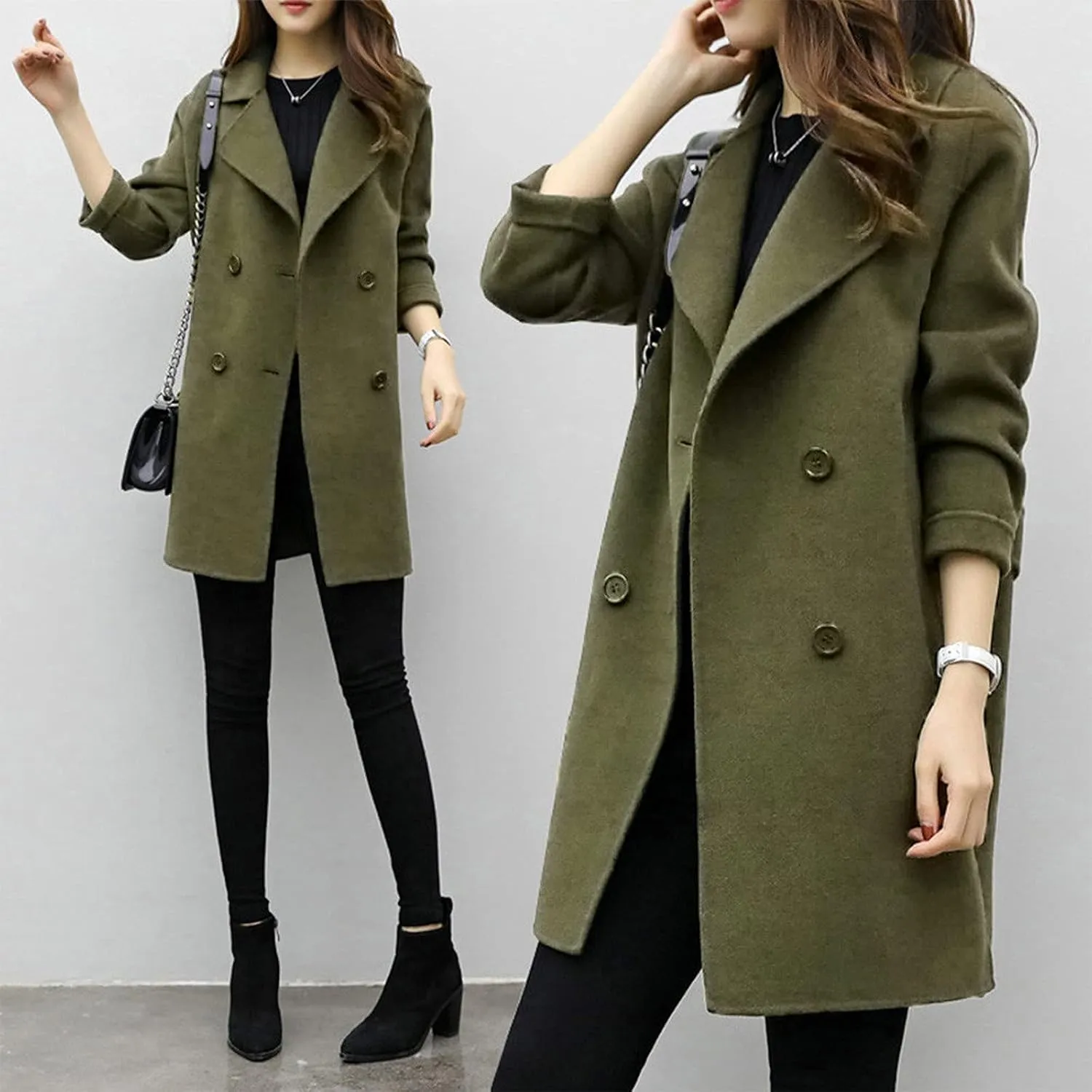 XUNRYAN Women's Winter Trench Coats Wool-Blend Blazer Jackets Fall Casual Double-Breasted Notch Lapel Peacoat