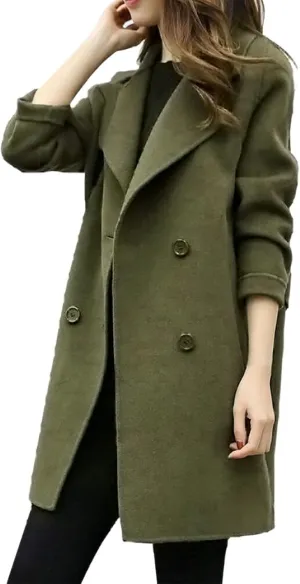 XUNRYAN Women's Winter Trench Coats Wool-Blend Blazer Jackets Fall Casual Double-Breasted Notch Lapel Peacoat