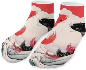 Yin and Yang Japanese Fish on Great Wave Printed Ankle Socks No Show Sock Low-Cut Athletic Socks for Men Women 1 Pair