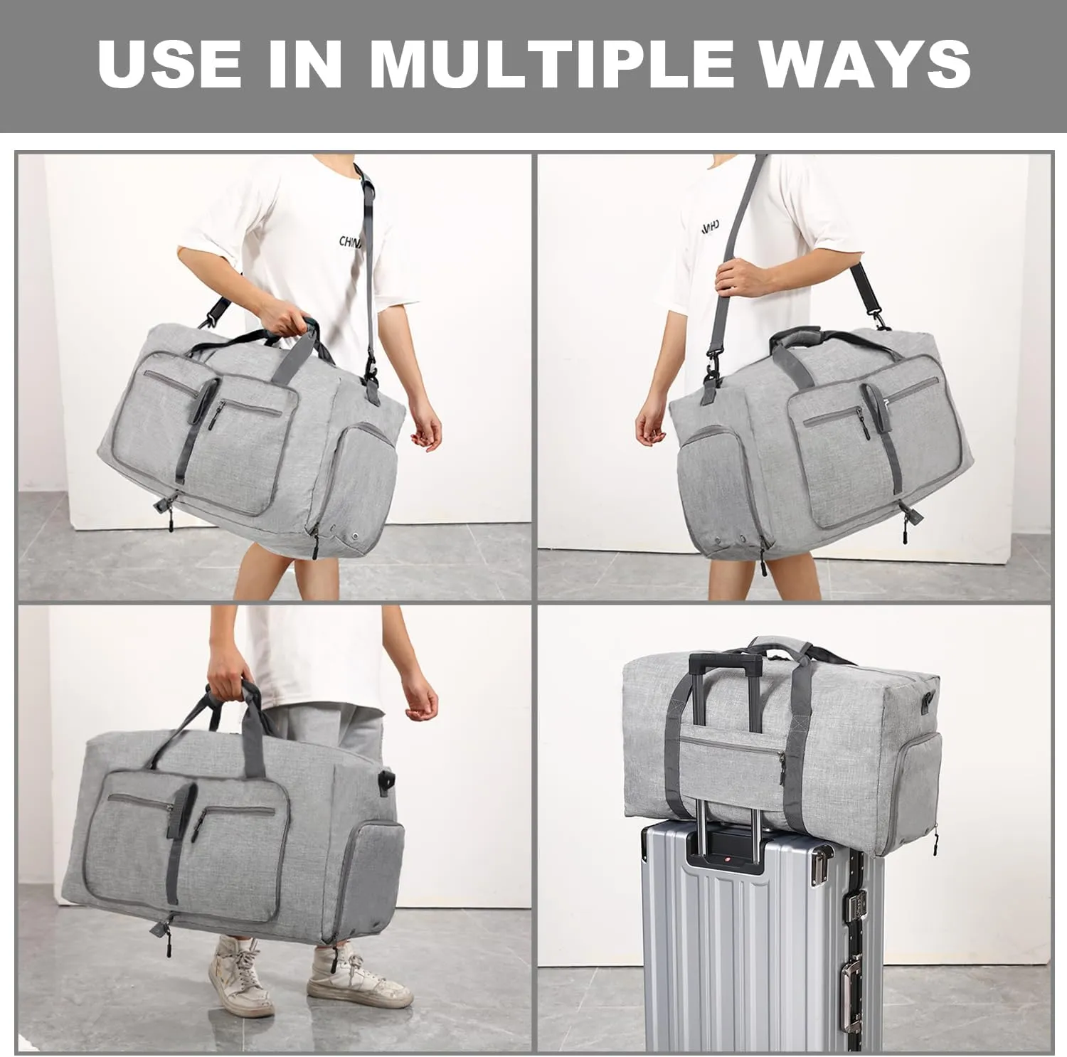 YZK Foldable Travel Duffle Baq, Larqe Holdall Carry On Luggage Bags Overnight with Shoes Compartment for Women and Men, B Gray, 65L, FASHION