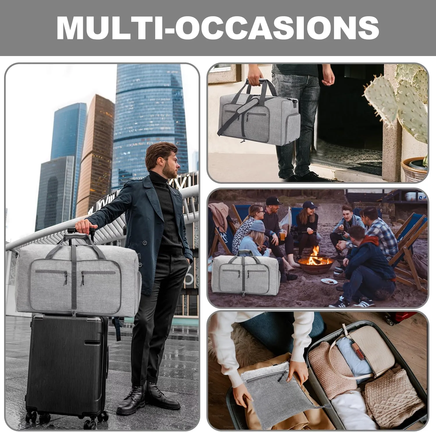 YZK Foldable Travel Duffle Baq, Larqe Holdall Carry On Luggage Bags Overnight with Shoes Compartment for Women and Men, B Gray, 65L, FASHION