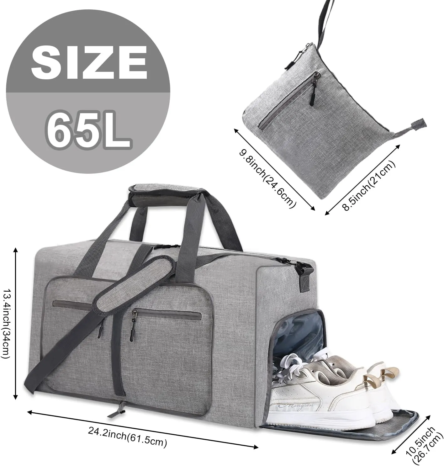 YZK Foldable Travel Duffle Baq, Larqe Holdall Carry On Luggage Bags Overnight with Shoes Compartment for Women and Men, B Gray, 65L, FASHION