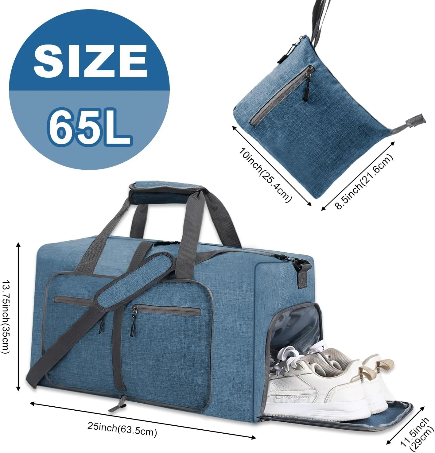 YZK Foldable Travel Duffle Baq, Larqe Holdall Carry On Luggage Bags Overnight with Shoes Compartment for Women and Men, C Blue, 65L, FASHION