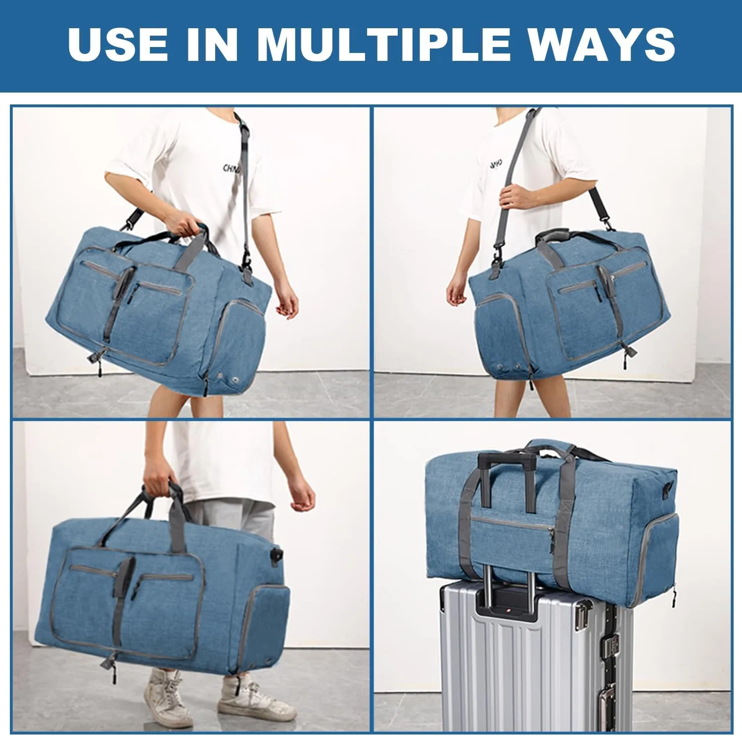 YZK Foldable Travel Duffle Baq, Larqe Holdall Carry On Luggage Bags Overnight with Shoes Compartment for Women and Men, C Blue, 65L, FASHION
